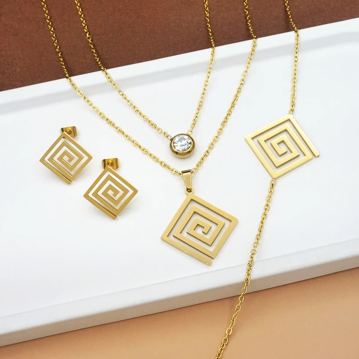 Women's Square Maze Double Layer Necklace Bracelet Earrings Jewelry Set, Birthday Valentine's Day Gift for Her, Perfect for Part