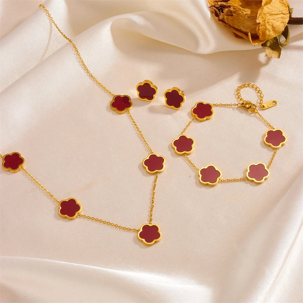 Women's Trendy 18K Gold Plated Jewelry Set  Five Leaf Clover Necklace Bracelet Earrings Stainless Steel Jewelry Para Mujer