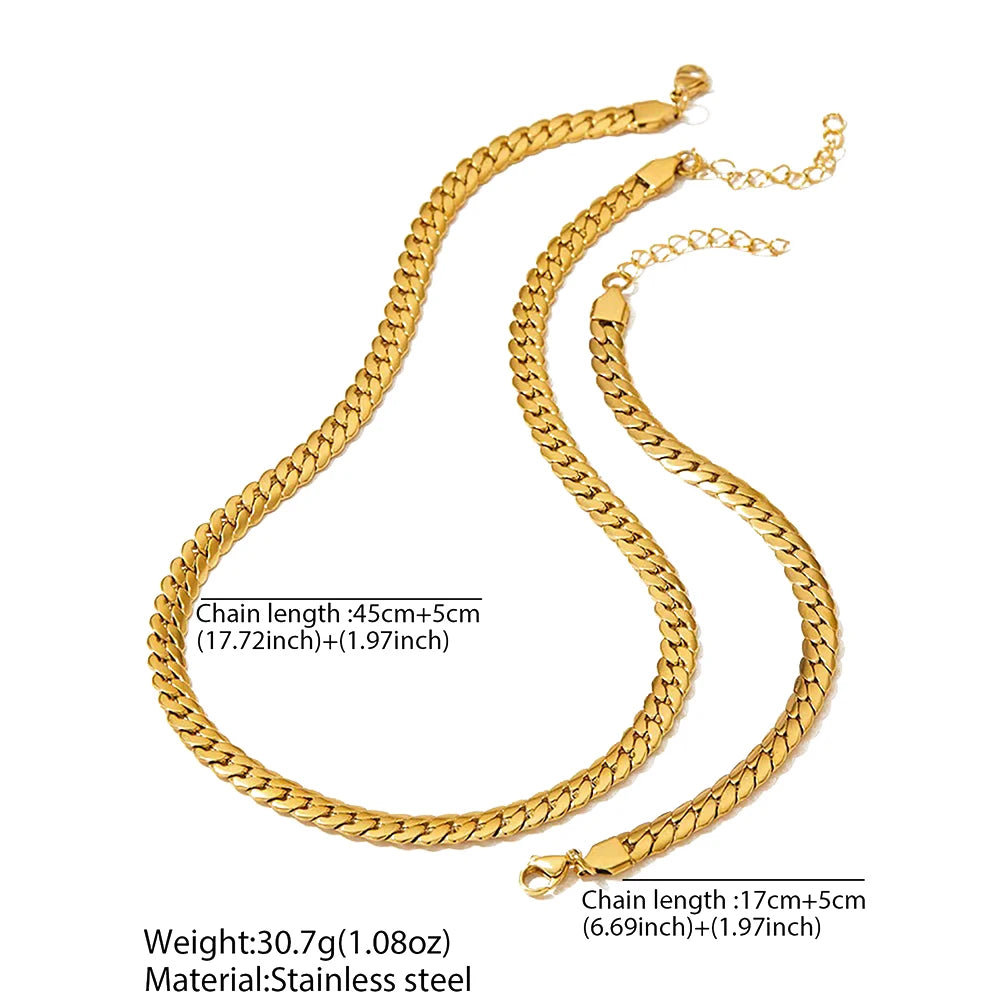 Aomogo Stainless Steel Simple Flat Cuban Chain Bracelet Necklace Jewelry Set 18k Gold Plated Fashion Thick Chain Fashion Jewelry