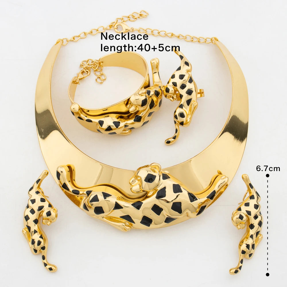 Original Jewelry Set African Leopard Necklace Earrings 18K Gold Plated Animal Shape Bracelet Ring Dubai Wedding Jewelry Gifts