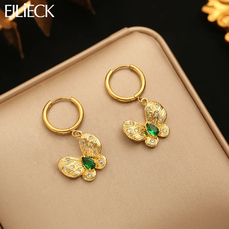 EILIECK Exquises Boucles d'Oreilles Pendantes Papillon Zircon Vert Acier Inoxydable Plaqué Or 18K Accessoires de Vacances Tendance pour Femme