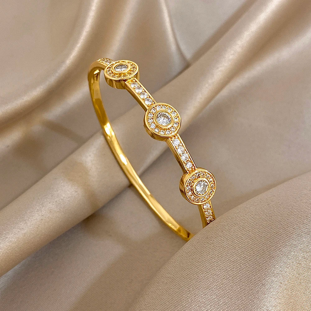Stainless Steel Waterproof Shiny Zircon Geometric Stacked Cuff Bangle