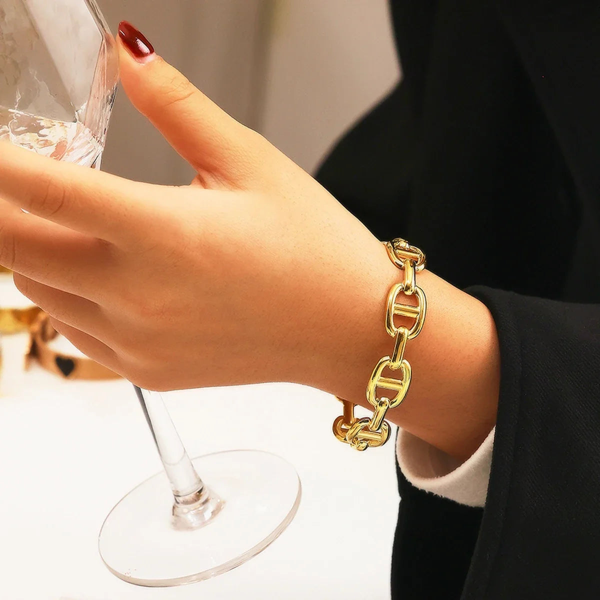 Stainless Steel Gold-Color Wide Skeleton Bangle Bracelet