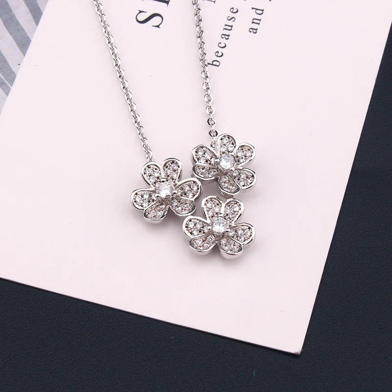 Fashion Luxury Flower Geometry Cubic Ziron Classic Charms Necklace Engagement Bridal Earring Jewelry copper Lady Gift