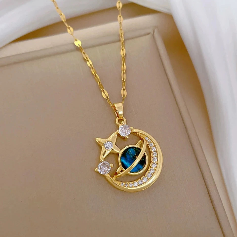 Light Luxury Titanium Steel Star Series Planet, Moon & Astronaut Pendant Necklace