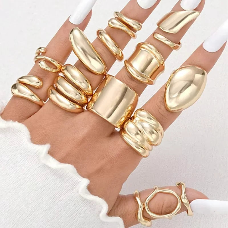 Vintage Exaggerated Smooth Asymmetrical Geometric Rings Set, 14 Pcs/Set