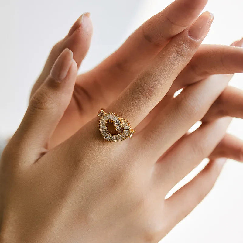 Personalized 18k Gold Plated Exquisite Zircon Ring with Opening Design European American Style Elegant Women Finger Ring