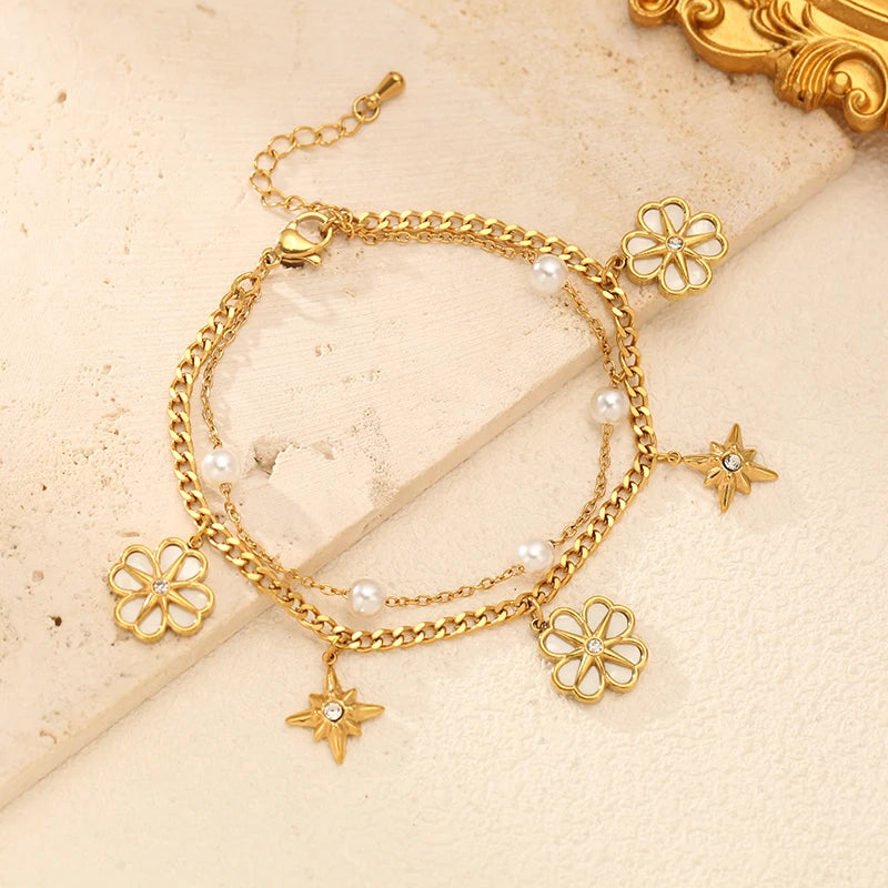 EILIECK 316L Stainless Steel Flowers Stars Charms Bracelets for Women Trendy Layered Pearl Chain Bangles Gold Color Jewelry Gift