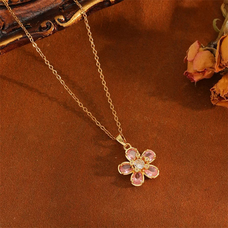 EILIECK Shiny Cubic Zirconia Flowers Luxury Necklace Earrings Gold Color Platinum Plated Temperament Waterproof Jewelry New
