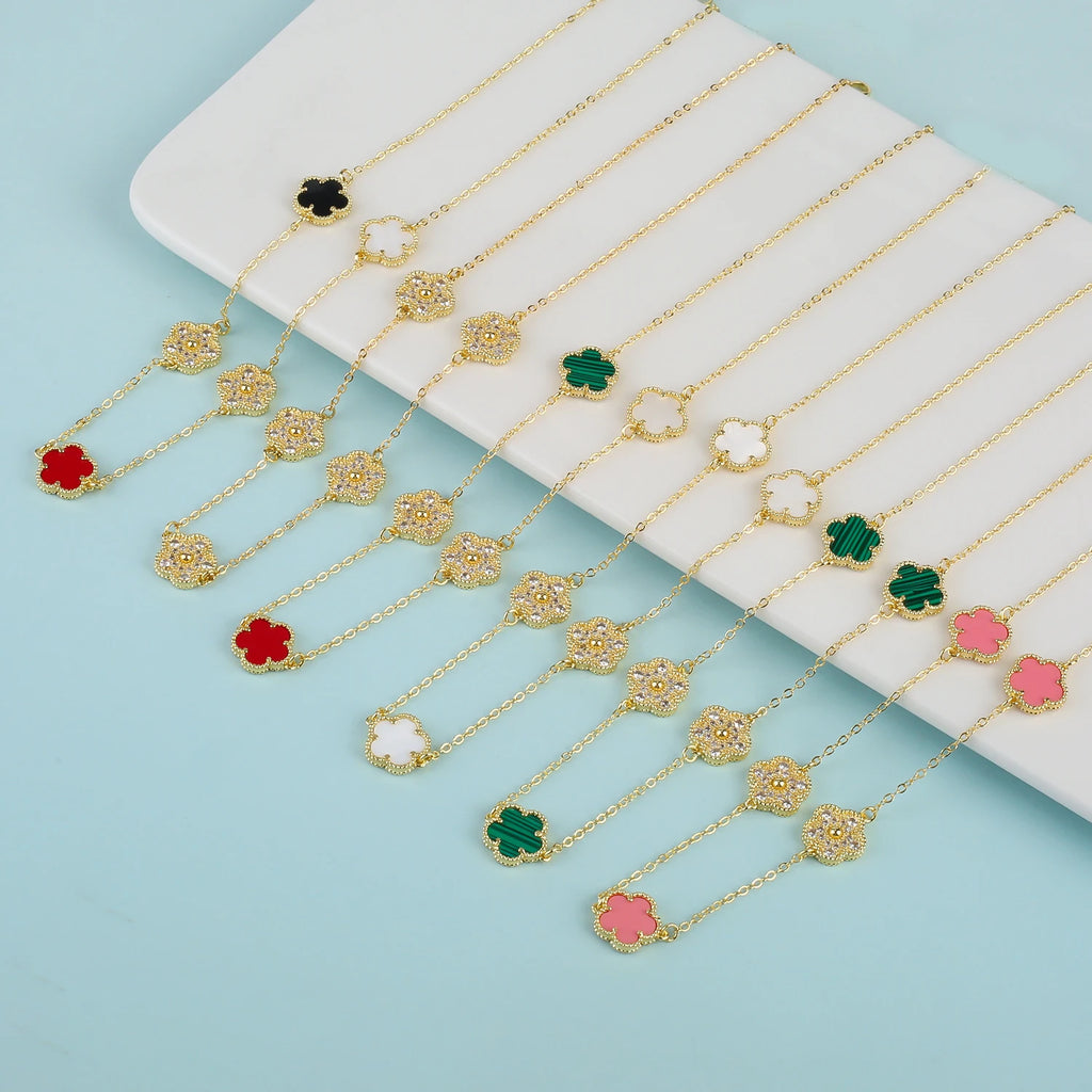 Hot Selling 18K Color Retention Electroplating New Plant Five Leaf Flower Micro Inlaid Zircon Set Necklace/Bracelet Women Clover