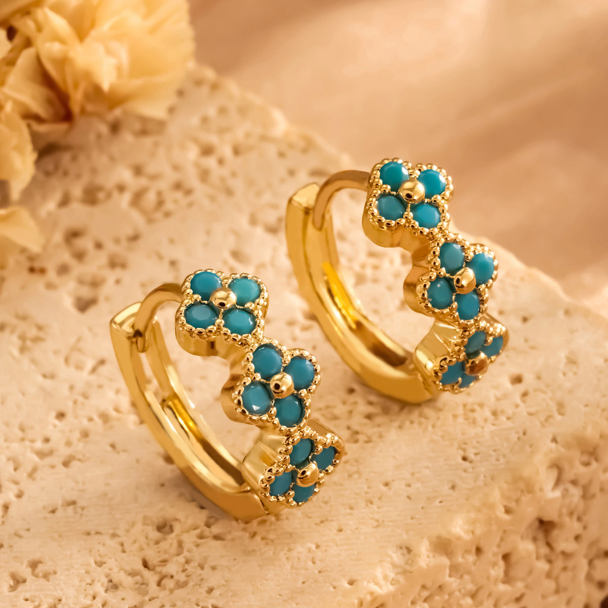 Luxury Gold-Color Plated Turquoise & Micro-Inlaid Blue Zircon Hoop Earrings