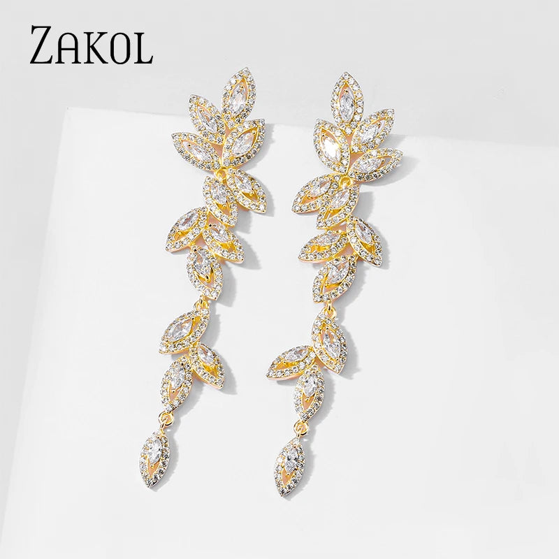 ZAKOL Luxury Gold Color Leaf Bridal Wedding Jewelry Sets for Women Marquise Zircon Earrings Necklace Bracelets Set