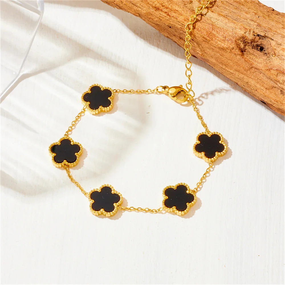 Women's Trendy 18K Gold Plated Jewelry Set  Five Leaf Clover Necklace Bracelet Earrings Stainless Steel Jewelry Para Mujer