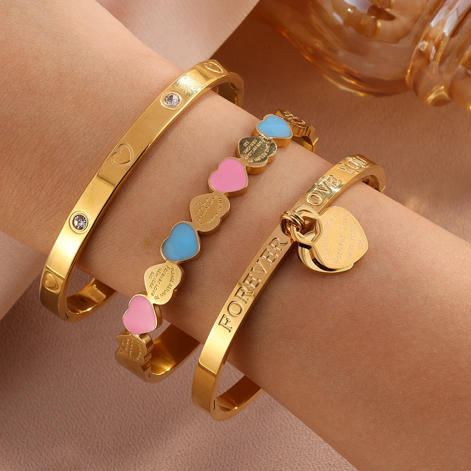 ChooseMe 3-Piece Stackable Stainless Steel Heart Elements Waterproof Bangle Set