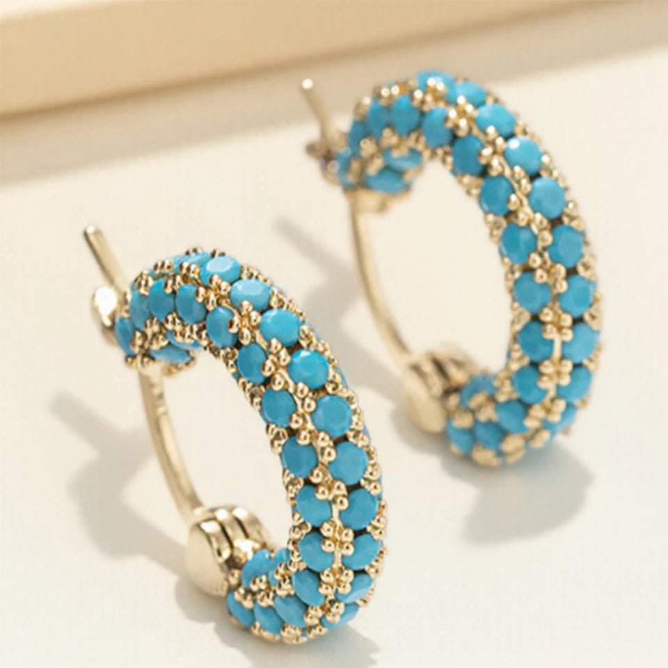 Gold-Color Plated Turquoise Round Blue Bead Huggie Hoop Earrings