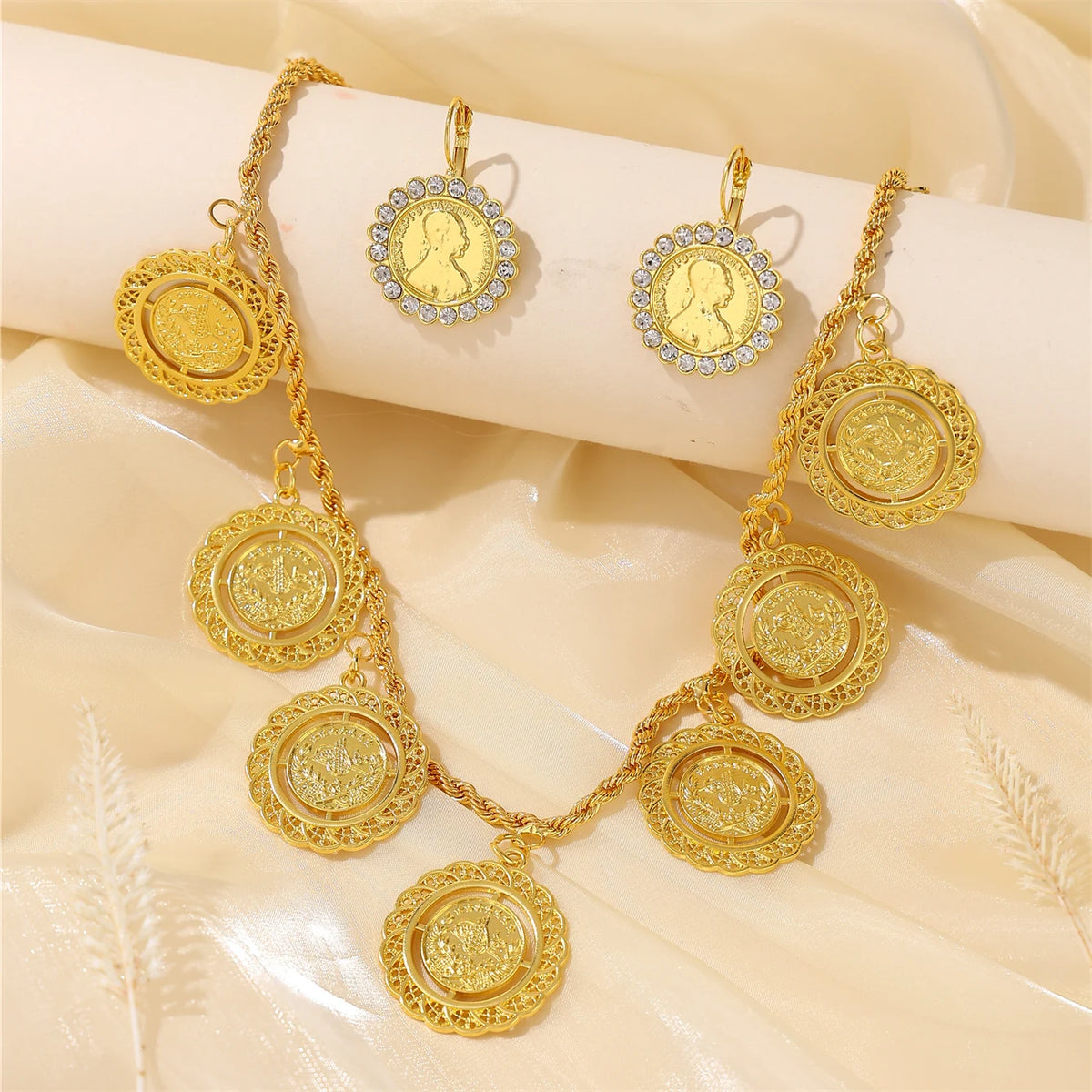 Moroccan Women's Necklace & Earrings Set Coin Design with Rhinestone Accents French Vintage Style for Weddings Banquets