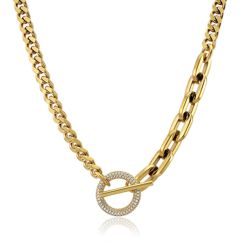 Circle Rhinestone Crystals Lock Stainless Steel Long Chain Tassel Pendant Necklace Choker Cuban Link Chain Statement Necklace