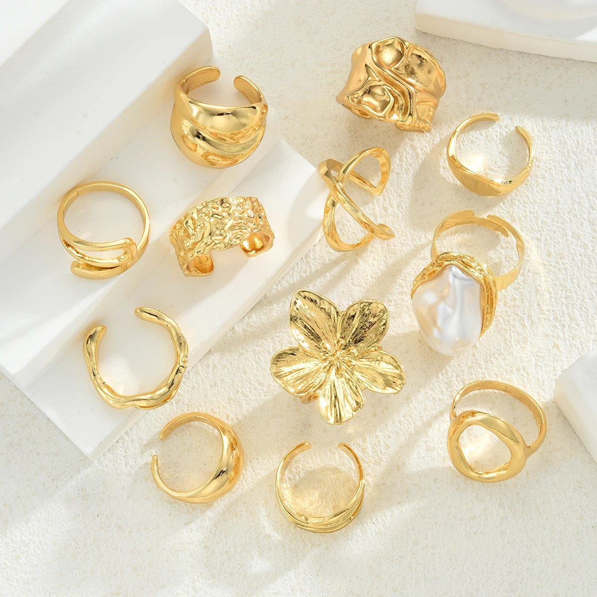 Bohemian Irregular Gold Color Flower & Pearl Opening Rings Set, 12 Pcs/Set