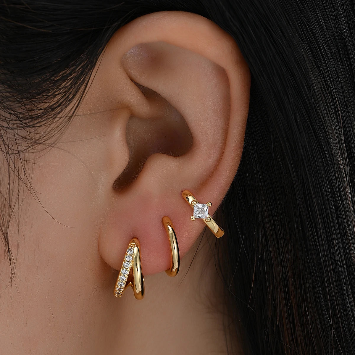 Shiny Crystal Stainless Steel Huggie Hoop Earring Set, 3 Pcs/Set