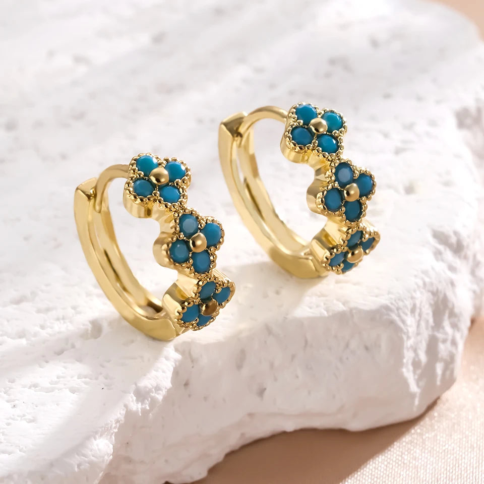New Classic Turquoise Flower & Blue Four-Leaf Clover Hoop Earrings