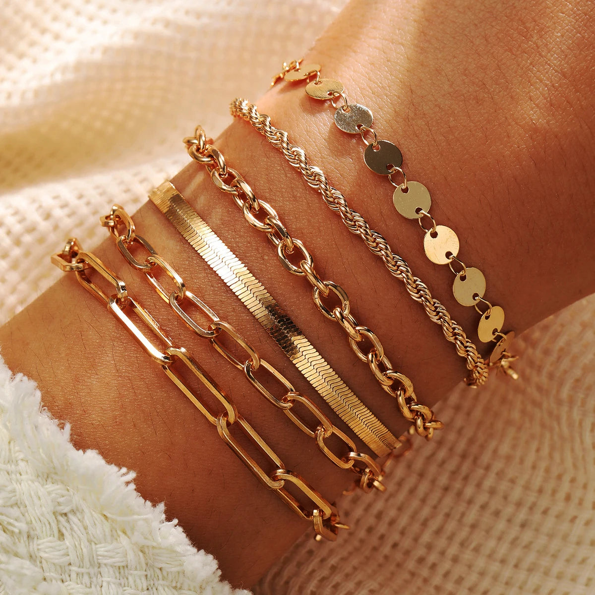 Vintage Chic Gold Color Cuban Chain Bracelet Set, 6 Pcs/Set