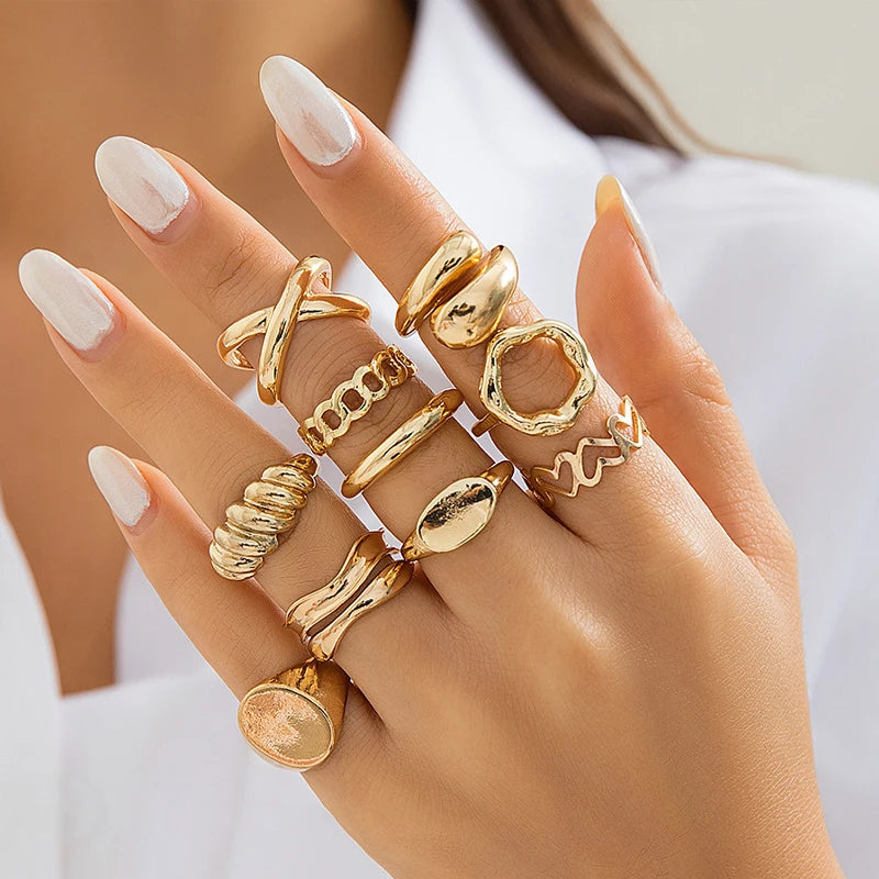 Vintage Bohemian Irregular Geometric & Chain Pattern Gold Color Ring Set, 10 Pcs/Set