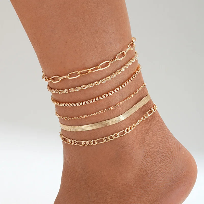 6Pcs Vintage Gold Multilayer Adjustable Anklet Set