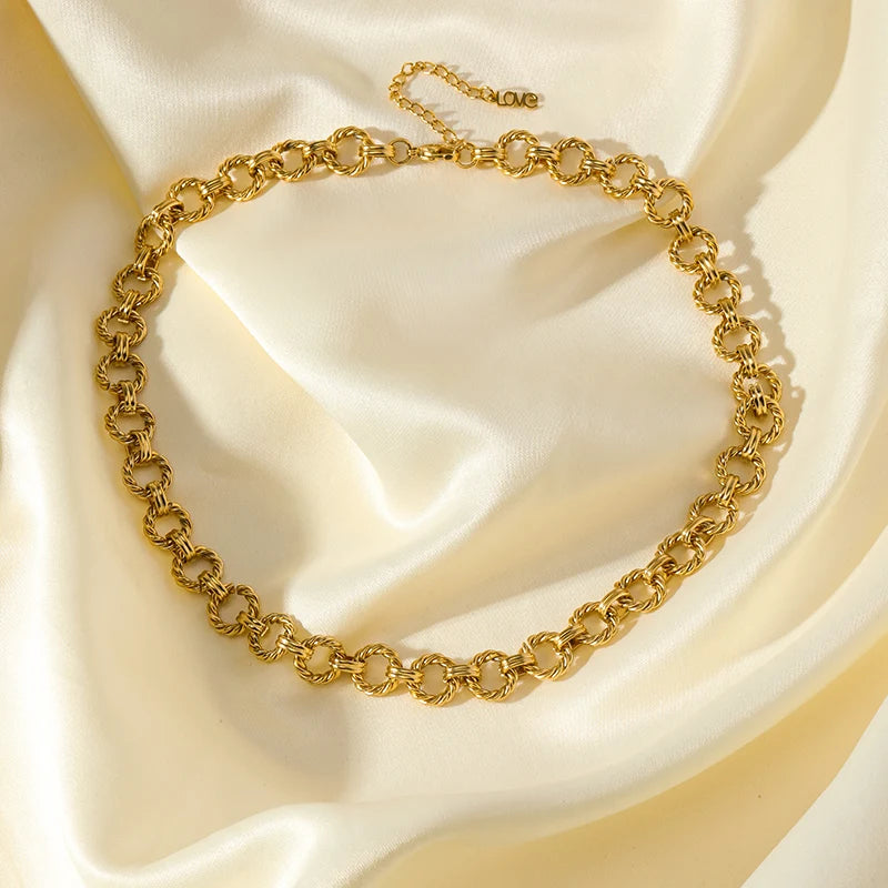 EILIECK 316L Stainless Steel Metal Gold Color Round Link Chain Necklace Bracelet Set For Women Fashion Punk Waterproof Jewelry