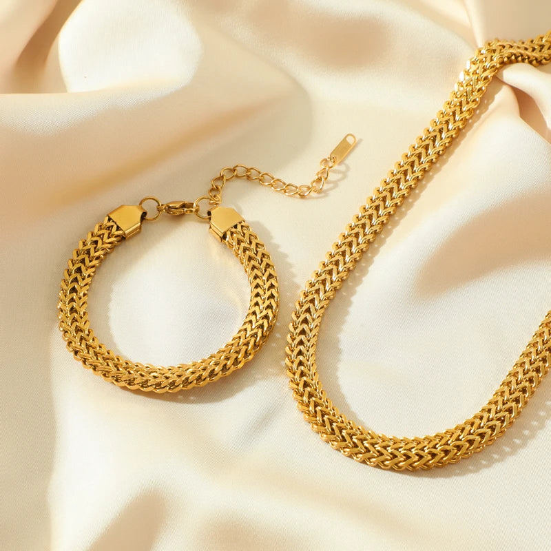 GANEMLY 316L Stainless Steel Thick Chain Necklace Bracelet Set For Women New Punk 18K Gold Plated Waterproof Jewelry Set Bijoux