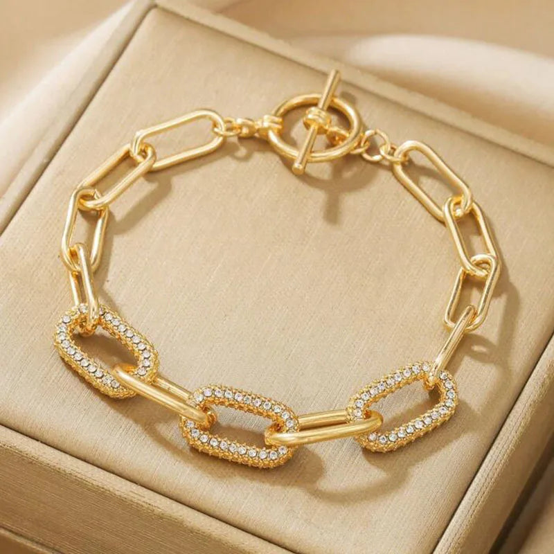 Vintage Simple Hollow Out Zircon Oval Chain Metal Bracelet Set for Woman Fashion Accessories Personalization Punk Charm Jewelry