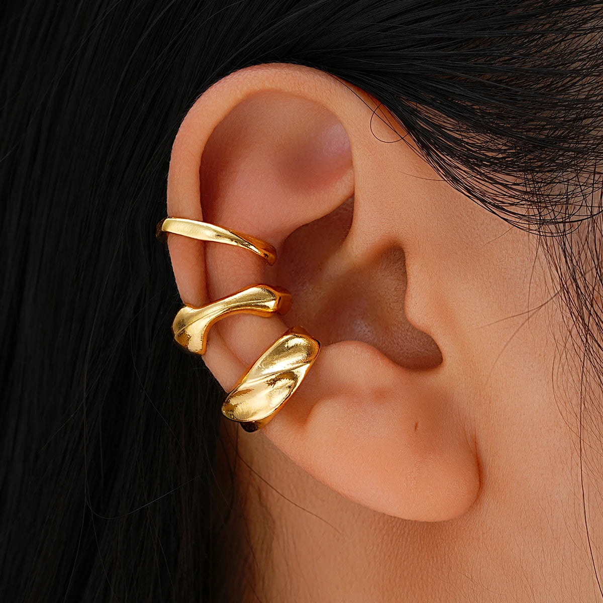 Punk Thick C-Shaped Gold Color Non-Piercing Cartilage Ear Cuff Set, 3 Pcs/Set
