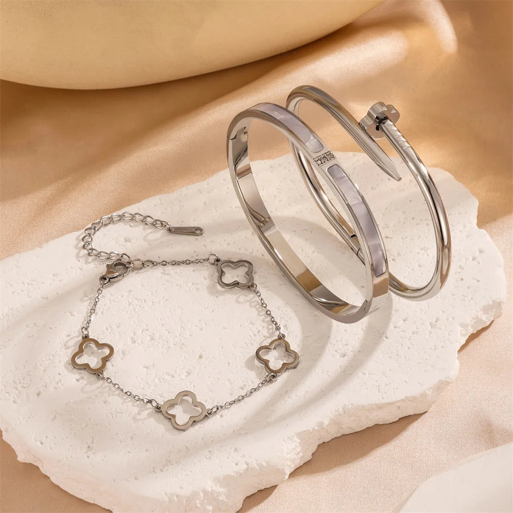 3pcs/2pcs Stainless Steel Four-Leaf Clover Stacked Bracelets Set 18K Gold Plated Couple Jewelry Lucky Charm Holiday Gift