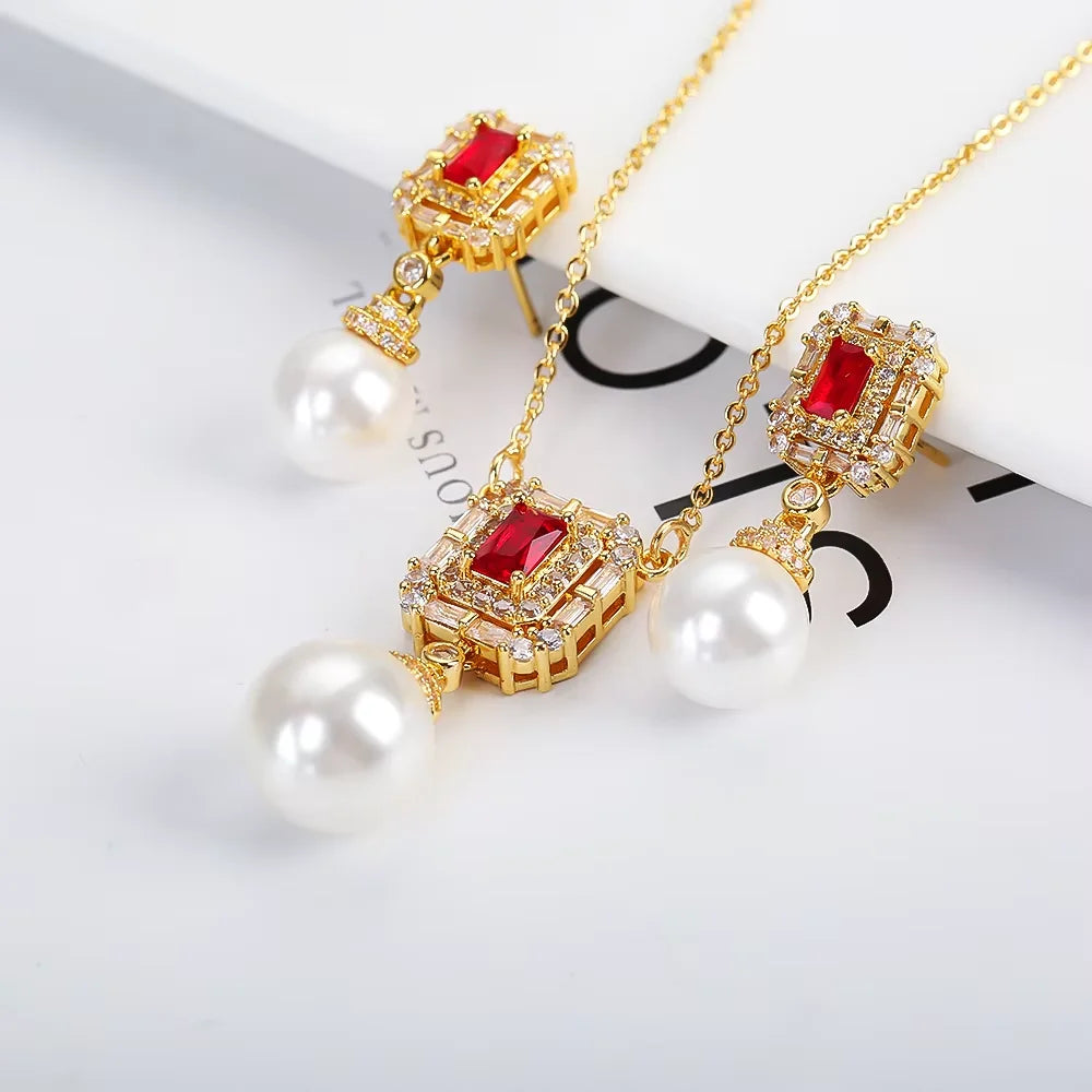 Luxury New Design Simple Irregular Pearl Classic Retro Pendant Necklace Earring Jewelry Set 18K Gold Plated Square Crystal Women