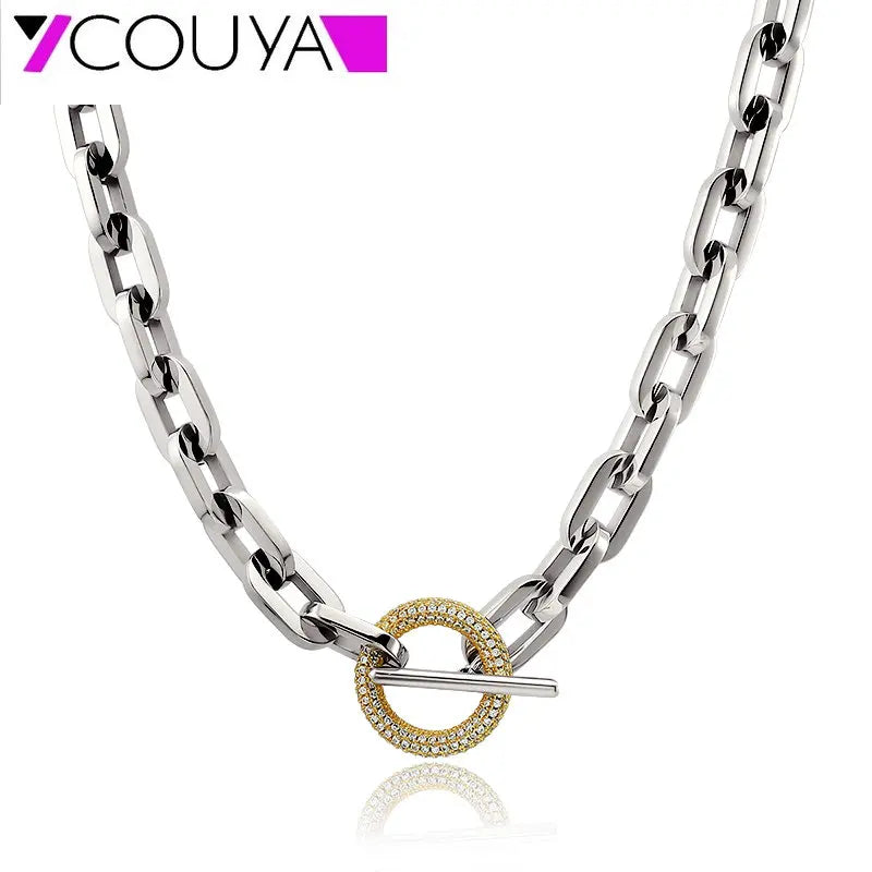 Unique Luxury Plated 18k gold Necklace Shiny Stone T Toggle Clasp Stainless Steel Necklaces Party Jewelry gifts for Women