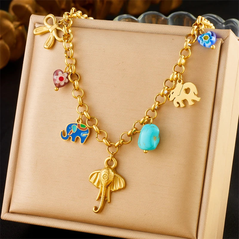LAMENGLY 316L Stainless Steel Dopamine 5-Leaf Flower Bow Sun Heart  Cherry Necklace Women's Novel Chic Neck Chain Holiday Gifts