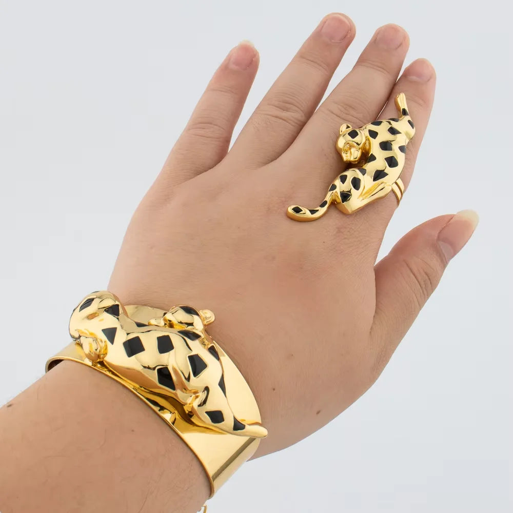 Original Jewelry Set African Leopard Necklace Earrings 18K Gold Plated Animal Shape Bracelet Ring Dubai Wedding Jewelry Gifts