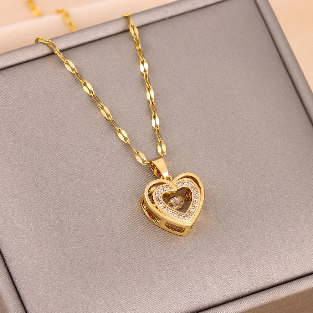 Classic Gold-Color Stainless Steel Shiny Zircon Geometric Heart Pendant Necklace