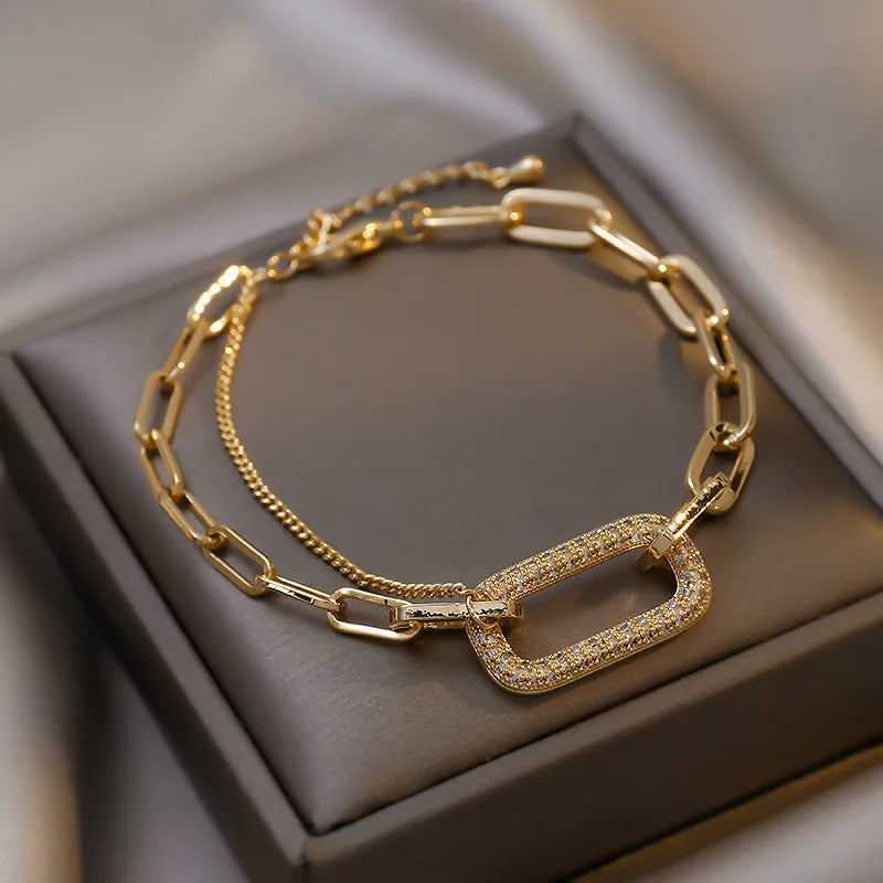 Vintage Simple Hollow Out Zircon Oval Chain Metal Bracelet Set for Woman Fashion Accessories Personalization Punk Charm Jewelry