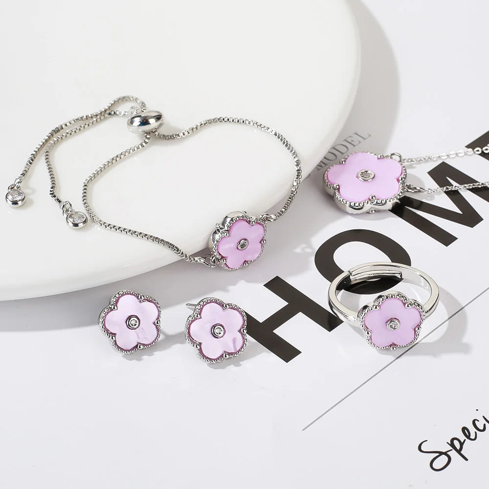 4pc Double-Sided Plum Blossom Jewelry Set Zircon New Hot Selling Plant Five Leaf Flower Women's High-Quality Clover