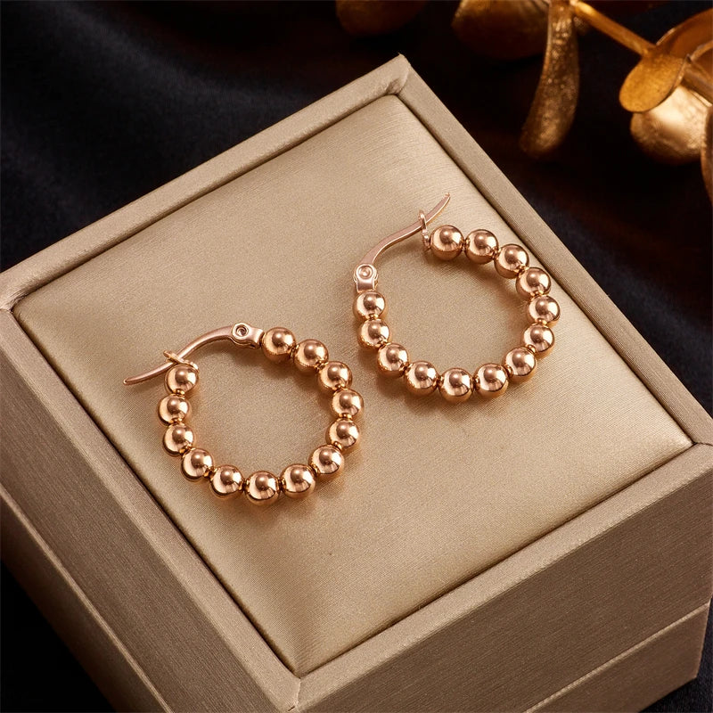 DIEYURO 316L Stainless Steel Beads Hoop Earrings For Women New Design 3-Color Girls Ear Jewelry Party Wedding Gift Bijoux серьги