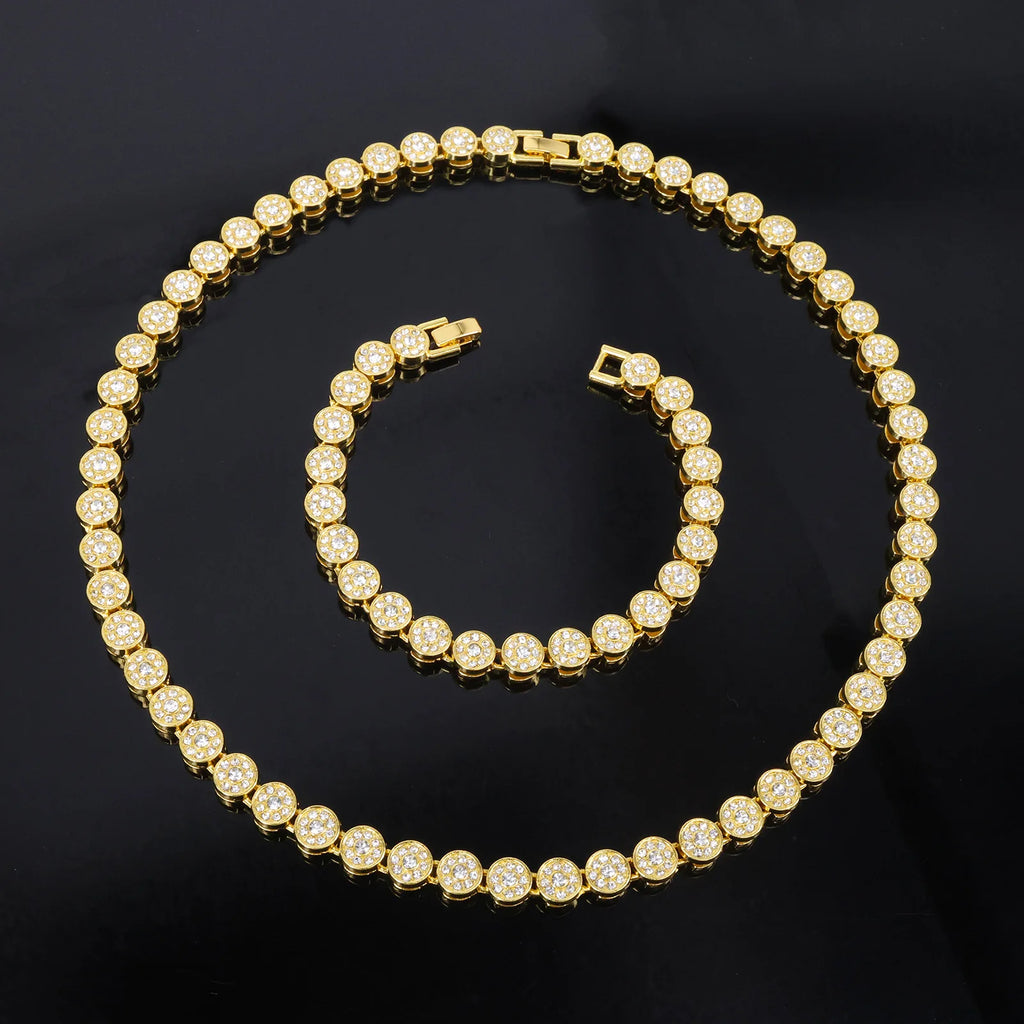 Ensemble chaîne et bracelet de tennis hip hop 45 cm, brillants et ronds avec strass