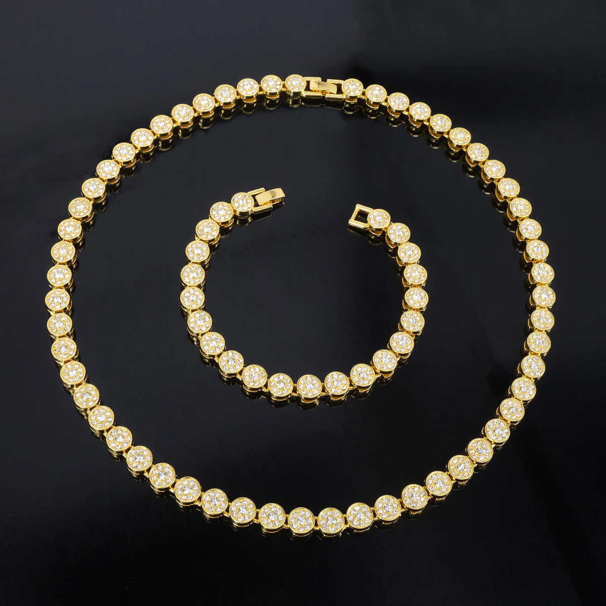 45cm New Shiny Round Rhinestone Hip Hop Tennis Chain & Bracelet Set