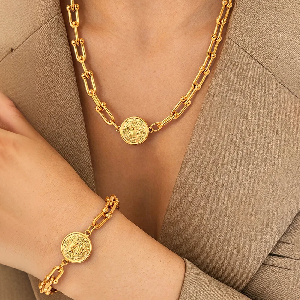 2pcs Vintage Medallion Jewelry Set,Gold Paperclip Chain Necklace&Bracelet,Elegant Style for Women,Great for Everyday&Parties