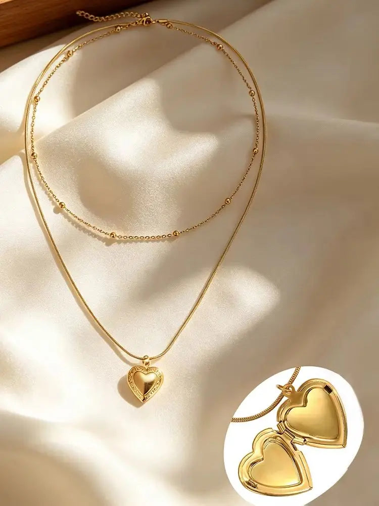 1pc Double-layer Heart Locket Necklace,Openable Photo Pendant&Ball Chain,Elegant Aesthetic For Girls,Everyday&Party Accessories