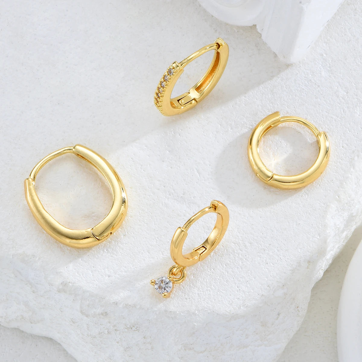 Luxury Gold-Plated Geometric Zircon Huggie Hoop Earrings Set, 4 Pcs/Set