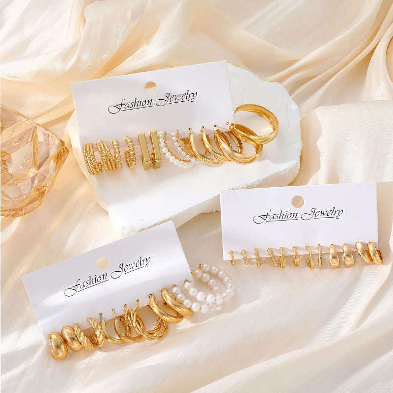 Gold Pearl Geometric Hoop Earrings