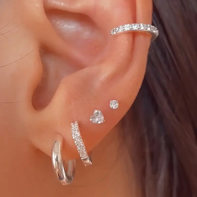 Minimalist Silver Color Heart Zircon Crystal Hoop Earring Set, 5 Pcs/Set