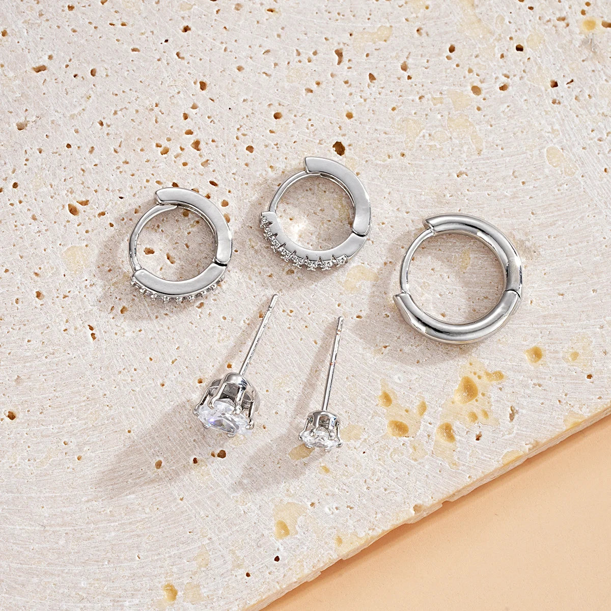 Minimalist Silver Color Heart Zircon Crystal Hoop Earring Set, 5 Pcs/Set