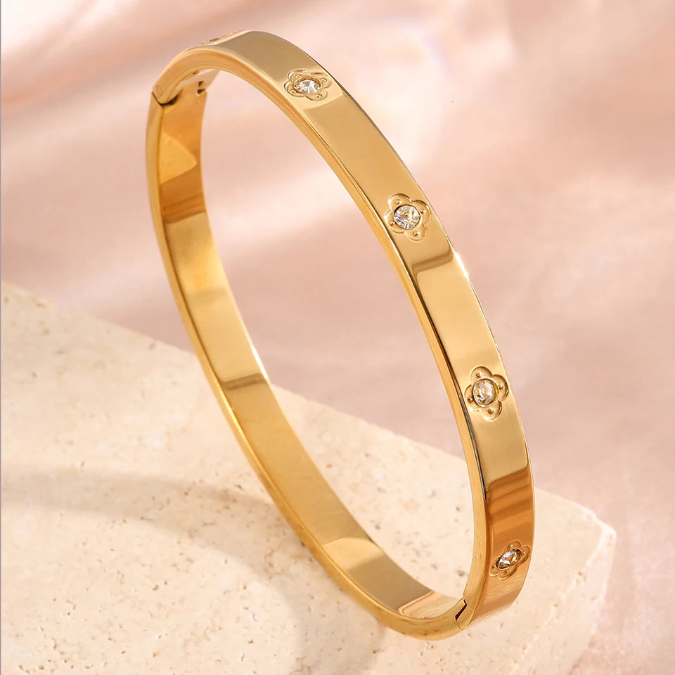 Yupsk 4/1Pcs Inlaid Zircon Stainless Steel Stackable Bracelet Delicate Flower Design Bangles Women's Fashion Versatile Jewelry