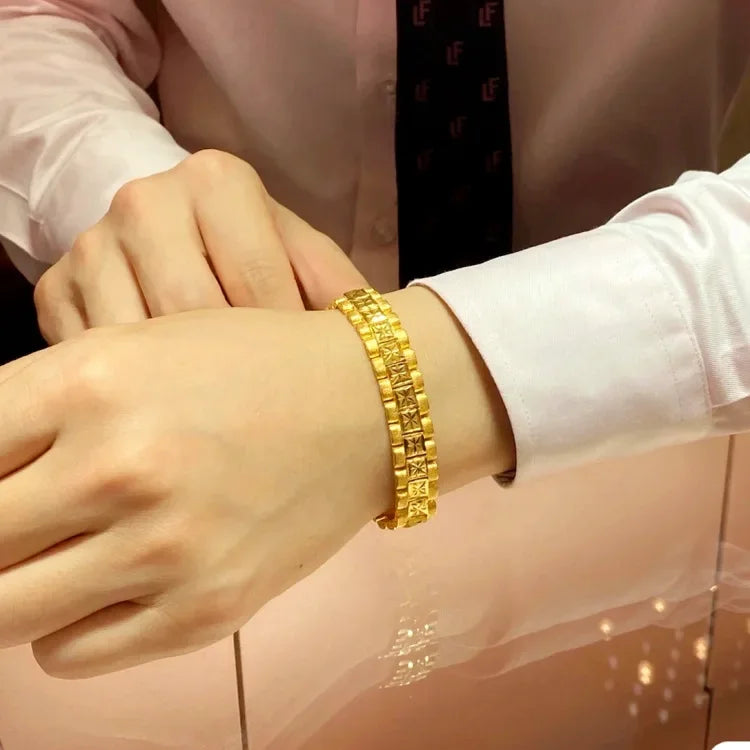 Pure Yellow Gold Bracelets for Women Men Classic Wedding Watch Chain Bracelets Christmas Gifts Jewelry Never Fade